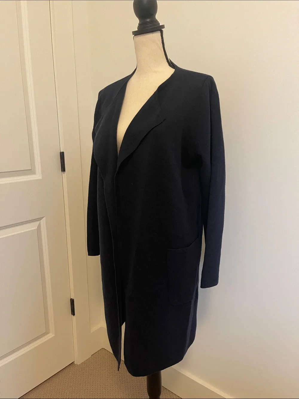 Women's Navy Open-Front Long Sweater Coat